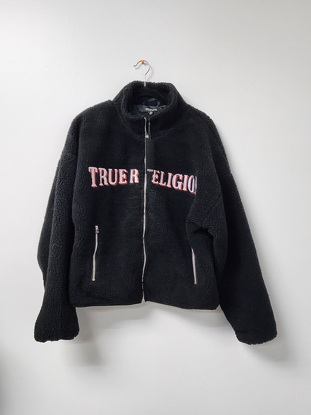 True Religion Men's Black Sherpa Logo Full Zip Jacket Fleece Medium NWT